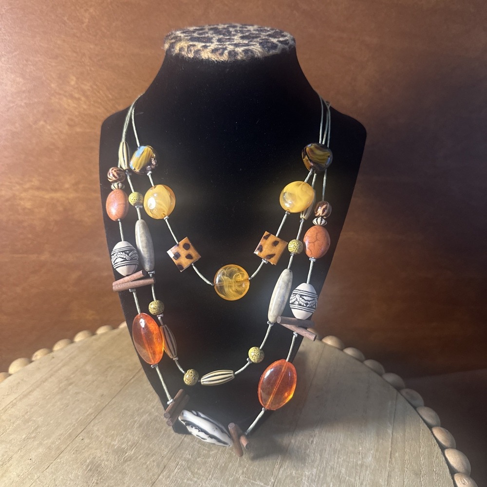 16" Necklace w/3-Strands of Multi-Color Beads carved Wood, Glass, Acrylic Amazin